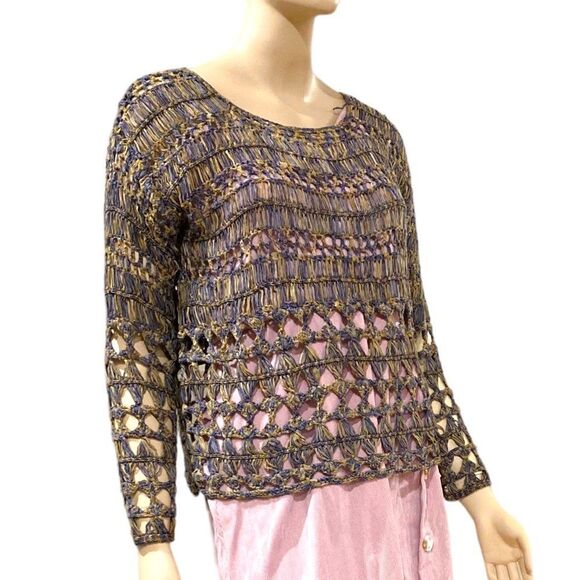 Crochet Open Stitch Long Sleeve Brown Top NEW - Picture 1 of 5